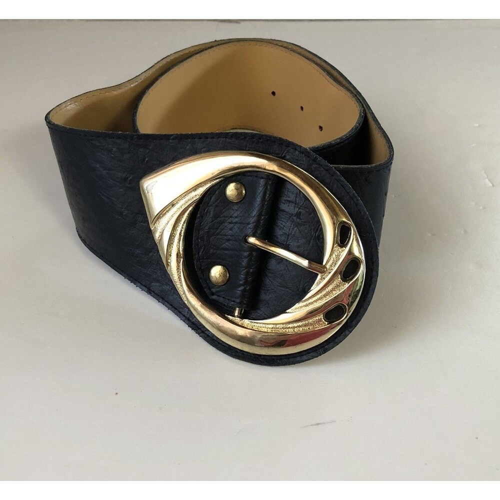 Vintage Aubergine Black Leather Statement Belt Gold Abstract Buckle Size 30 In